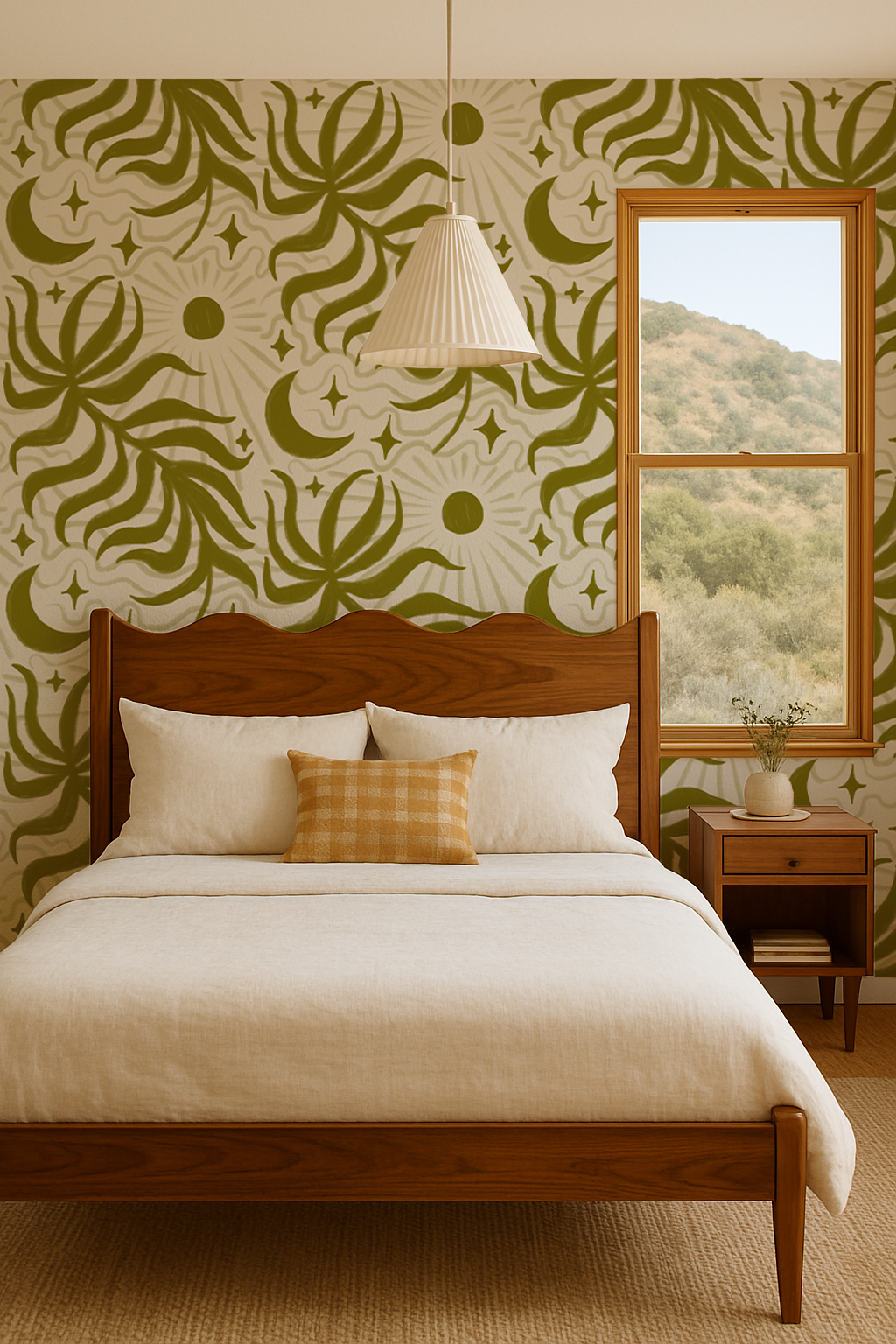 Lunar Leaf Wallpaper, beige and olive green