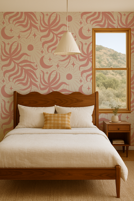 Lunar Leaf Wallpaper, beige and pink