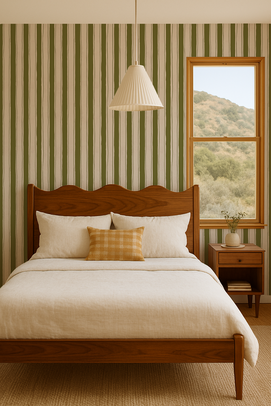 Riviera Stripe Wallpaper, off-white and olive green