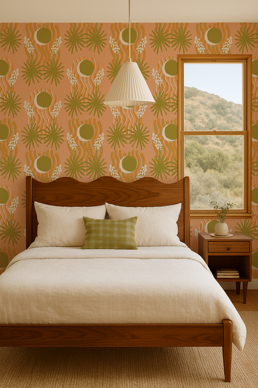 Yucca Moon Wallpaper, peach & green