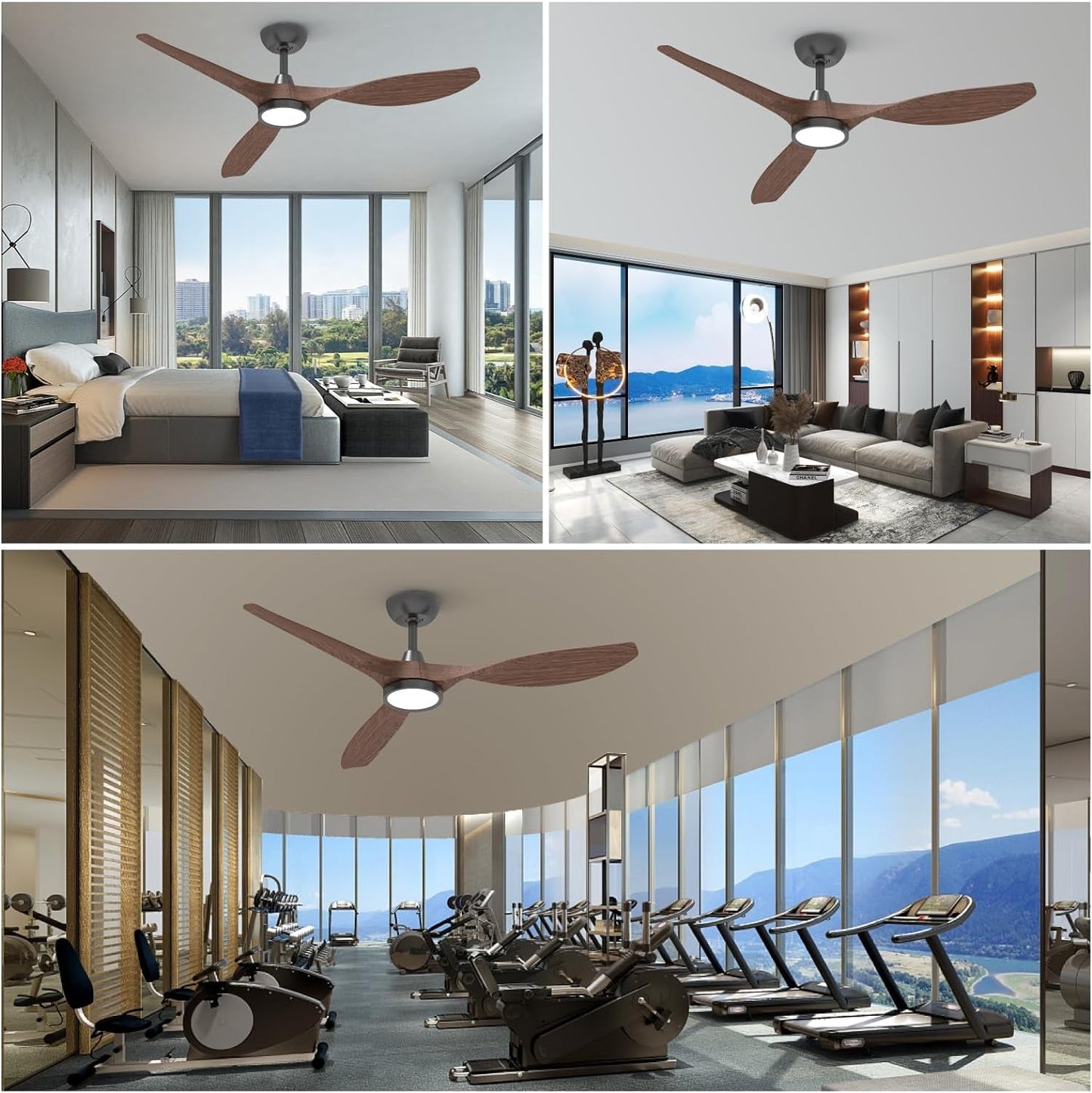 52 Inch Black Ceiling Fan With Lights And Remote Control in various stylish interiors including a bedroom, living room, and gym.