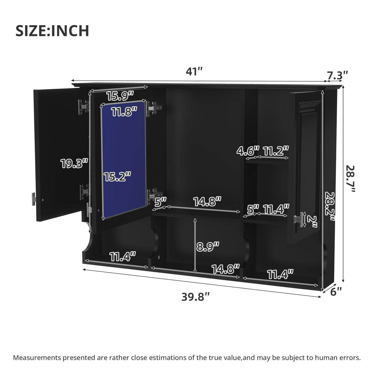 41 Inch Mirror Medicine Cabinet with Open Shelves