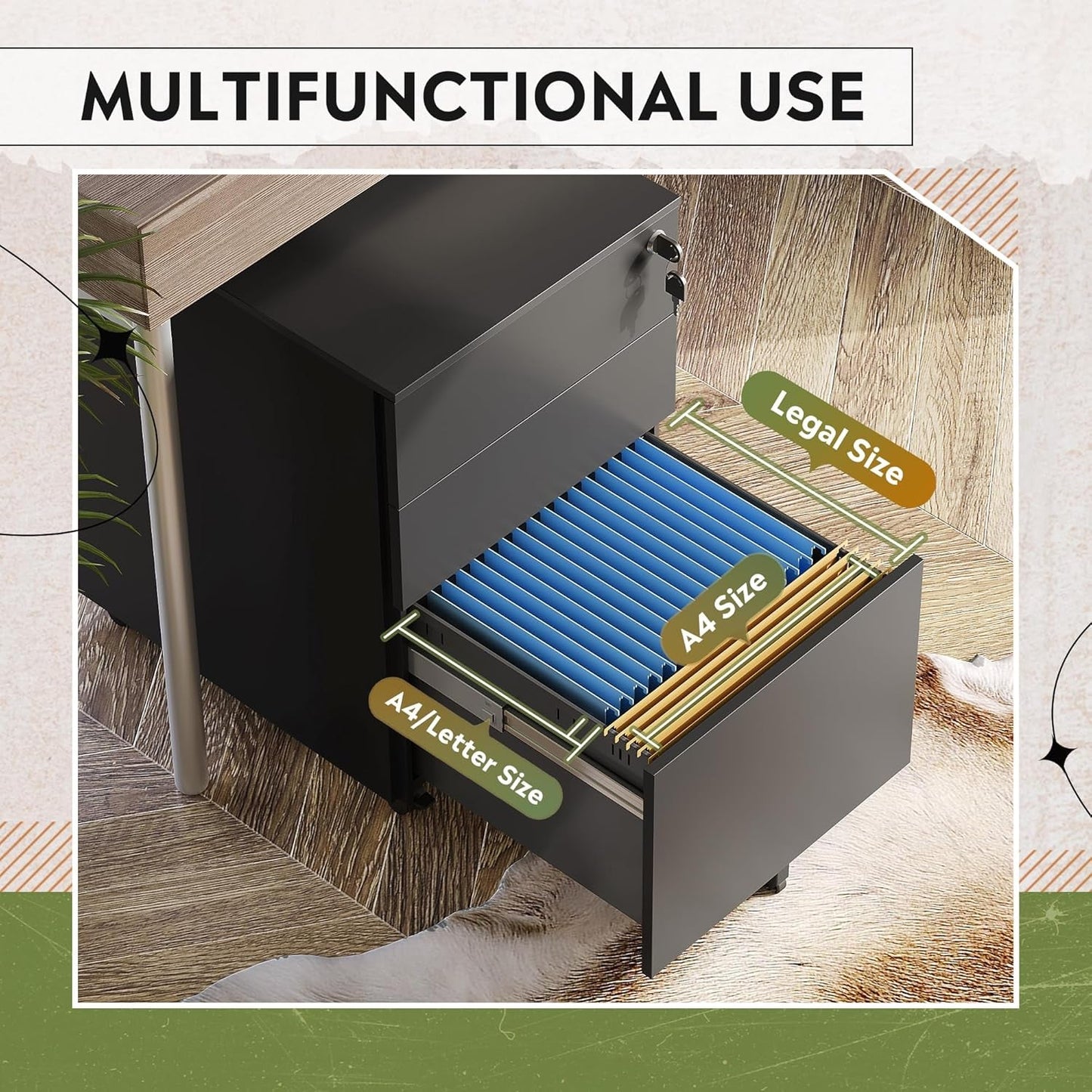 3 Drawer Locking Pedestal File Cabinet For Office Use Lockable Metal Filing Cabinet With Secure Drawers