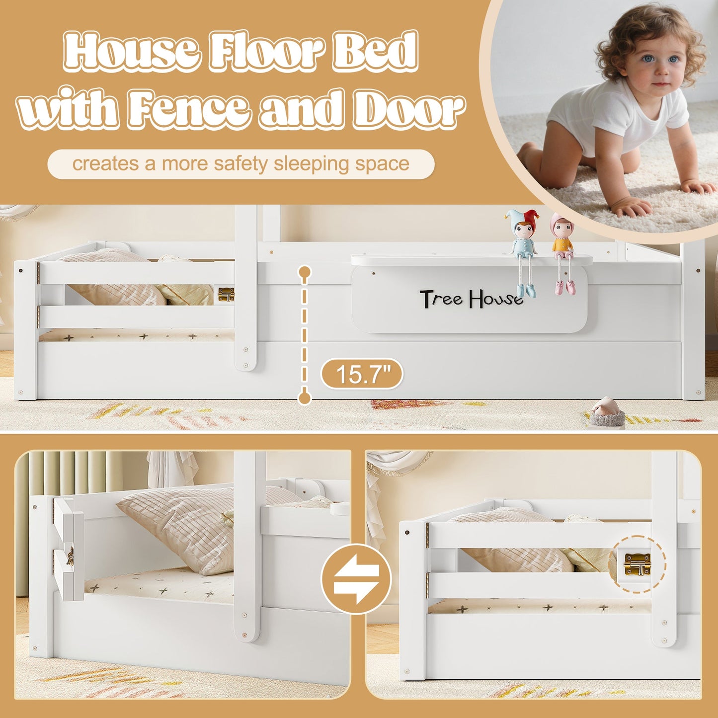 Full Size Floor Bed with Guardrails and Roof, Kids House Floor Bed with a Small Built-in Tray and Free-installed Signboard, Childlike Design, White