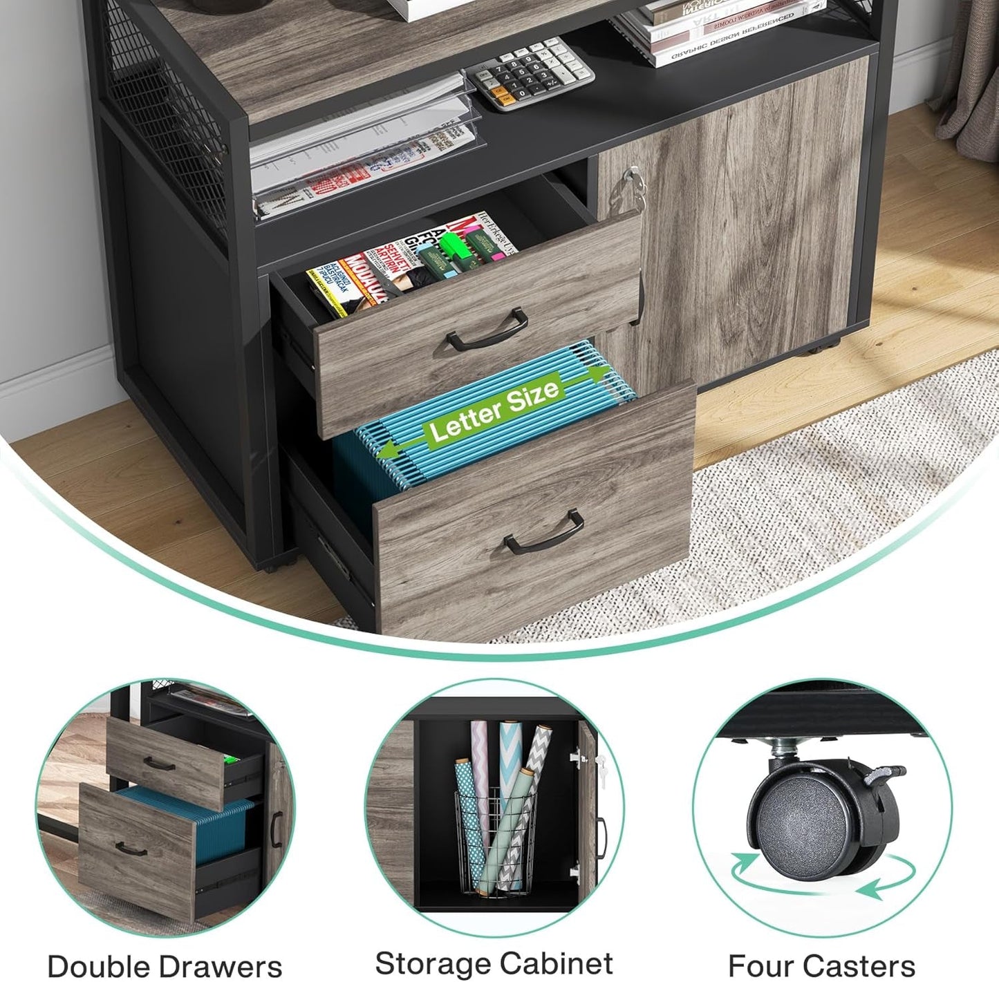L Shaped Desk With Drawer Cabinet And Lateral File Cabinet 63 Inch Gray