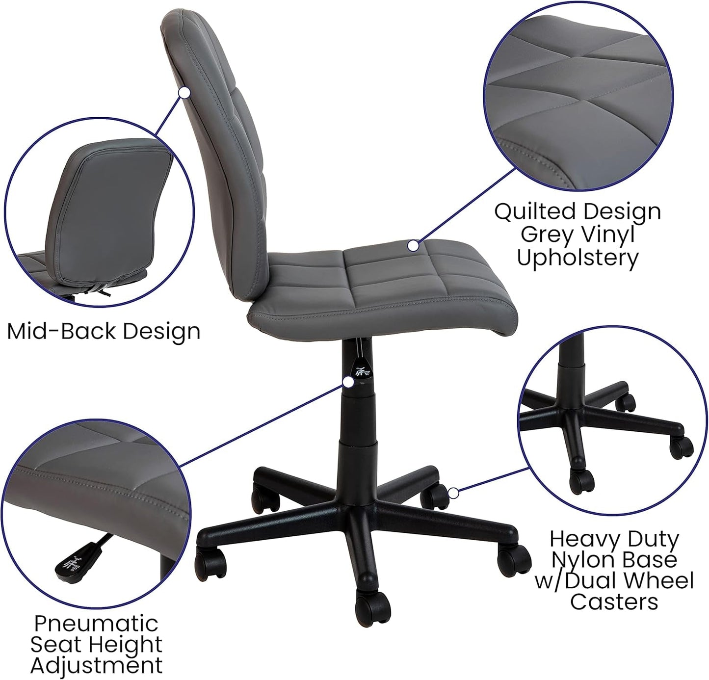 Clayton Mid Back Swivel Task Chair Gray Vinyl Upholstery