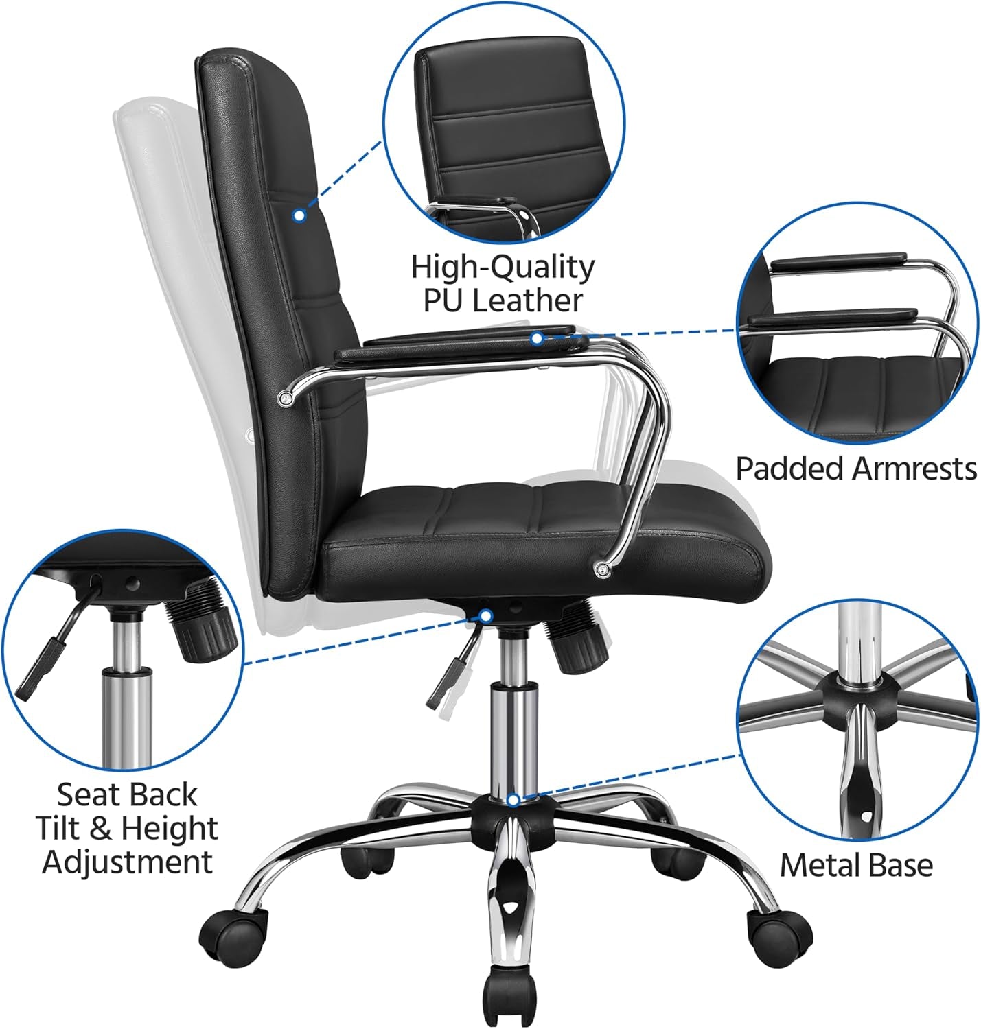 Ergonomic Mid Back Office Chair Black PU Leather With Lumbar Support