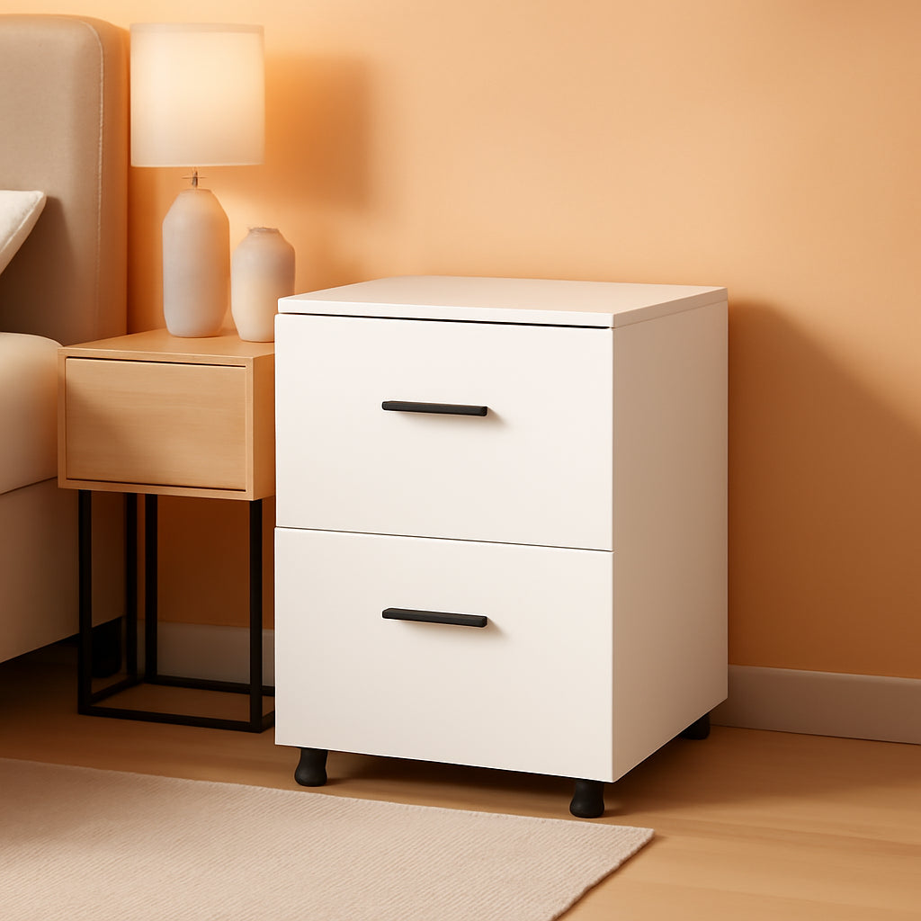 Mobile White Wood Lateral File Cabinet With 2 Drawers