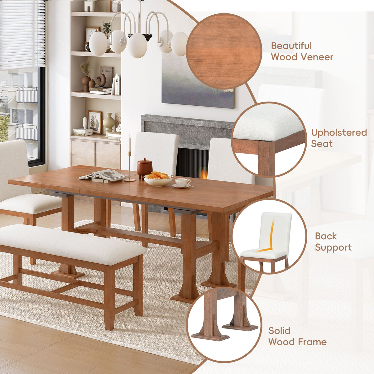 TOPMAX Farmhouse 76-Inch 6-Piece Extendable Dining Table Set