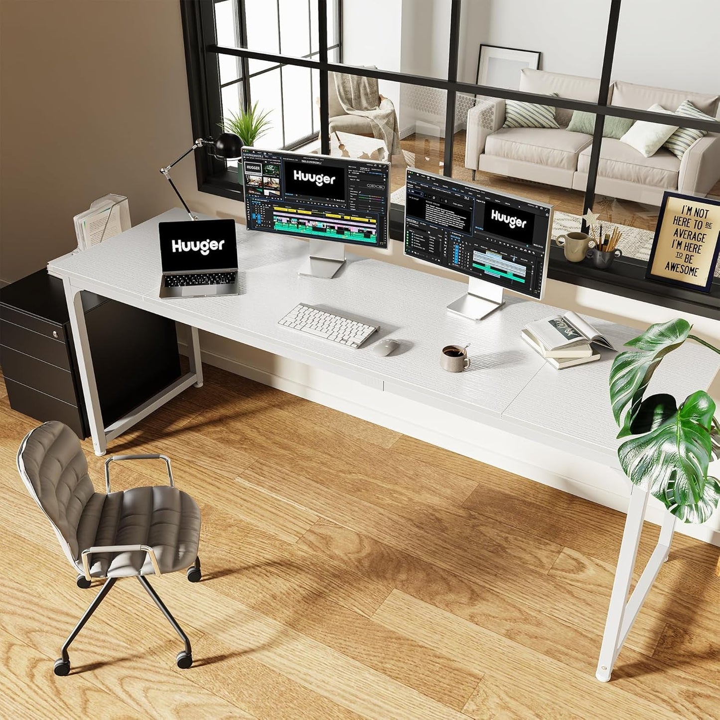 80 Inch White Computer Desk With Storage Metal Frame