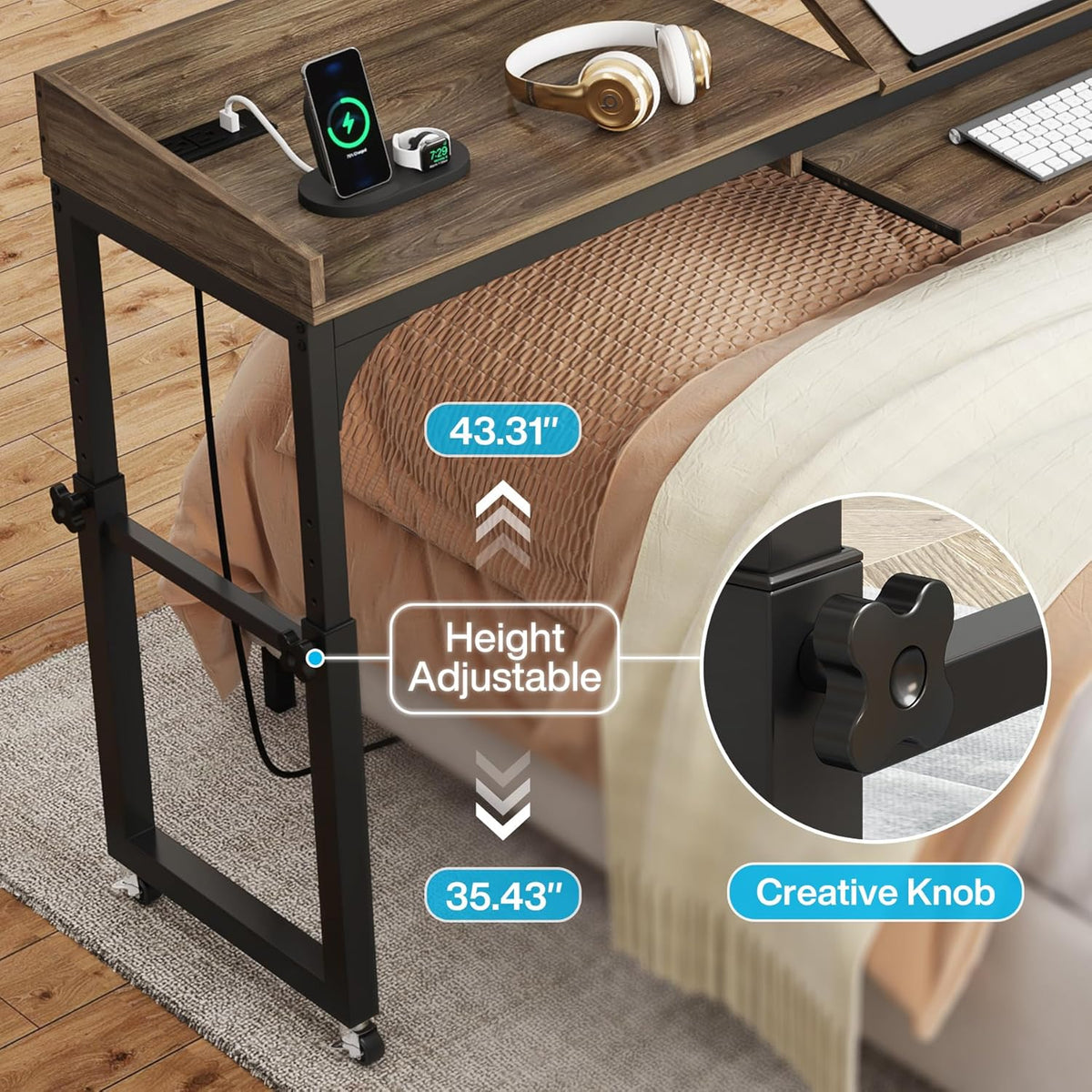 Height Adjustable Overbed Table with Wheels