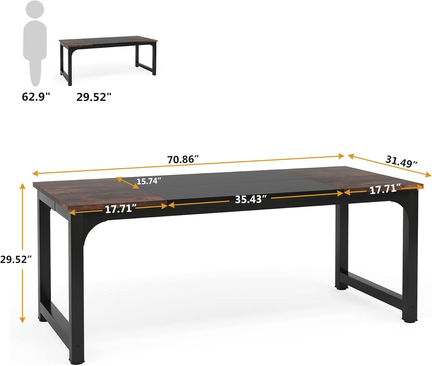 70.8-Inch Rustic Brown Black Executive Desk Thick Frame