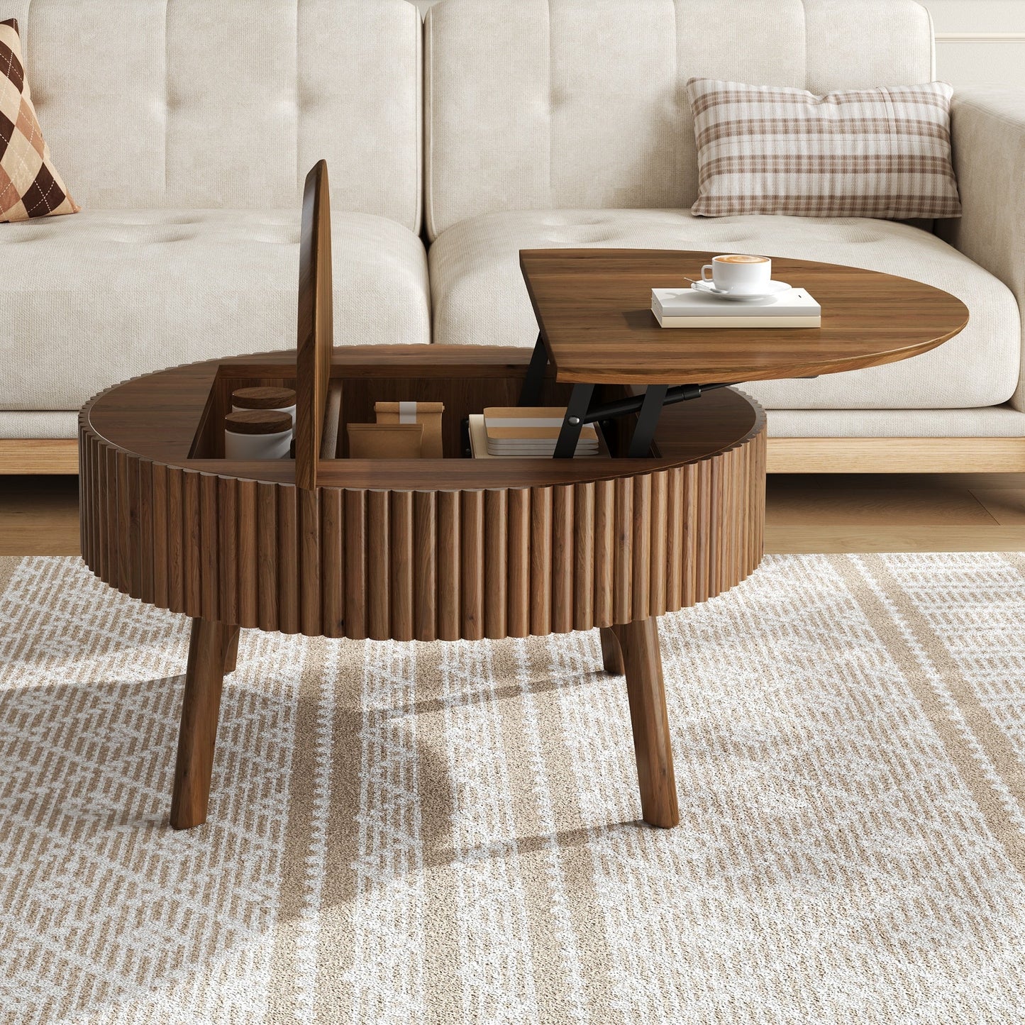 Modern Round Lift-Top Coffee Table with Half Flip-Top & Hidden Storage