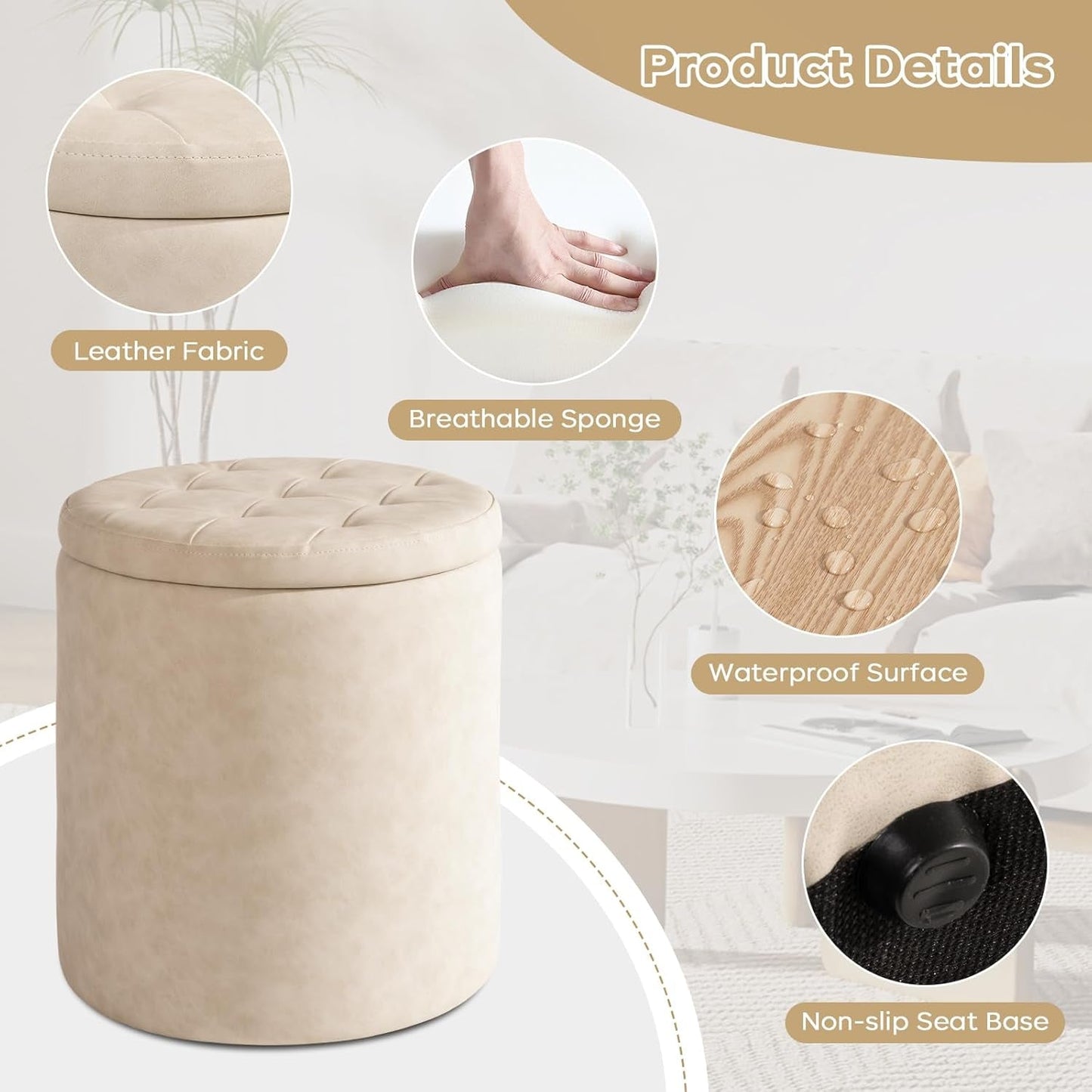 Premium Faux Leather Circular Ottoman With Storage