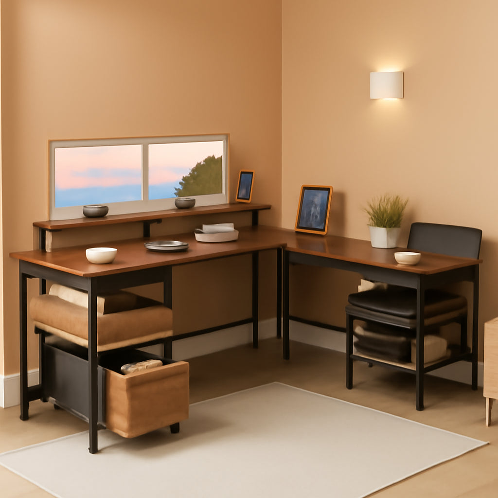 66 Inch Rustic Brown L Shaped Desk With Power Outlet