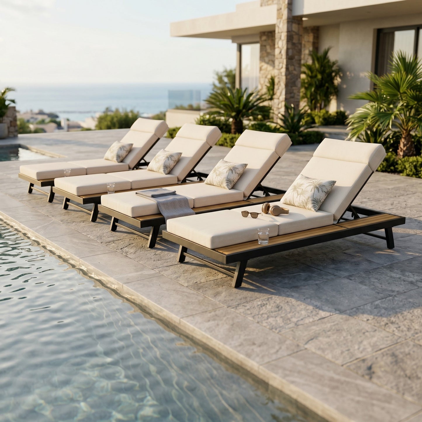 Black Iron + Teak Finish Outdoor Chaise Lounge Set