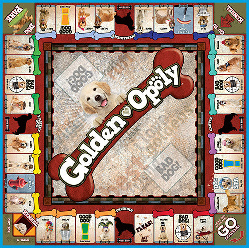 Golden Opoly Board Game board layout featuring playful dog imagery and colorful game elements.