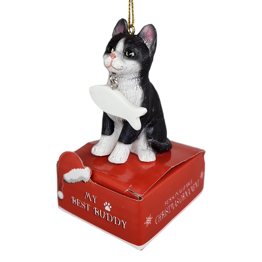 Black and White Cat with Fish Ornament
