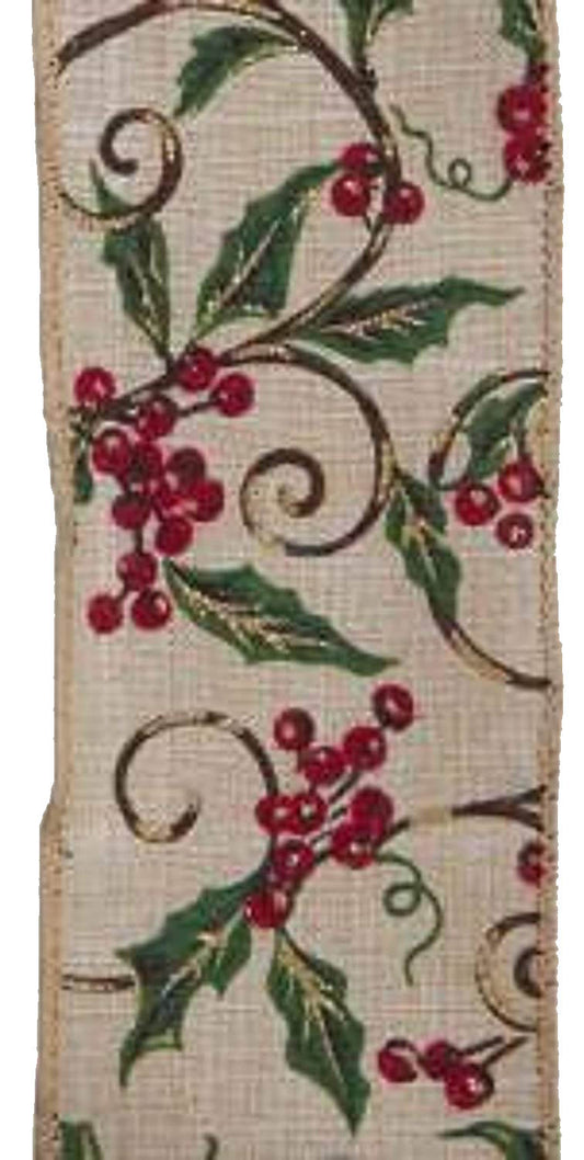 Holly Print Wire Ribbon - 2.5" x 10 Yards