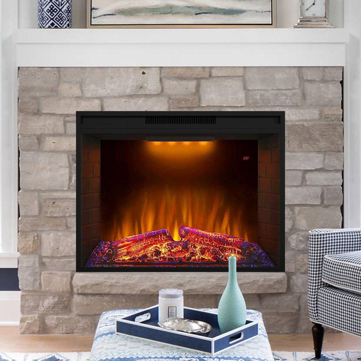 Black Electric Fireplace Heater Insert with Overheating Protection and Remote Control