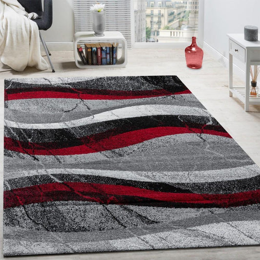 Black Red Grey Designer Rug Modern Wave Effect