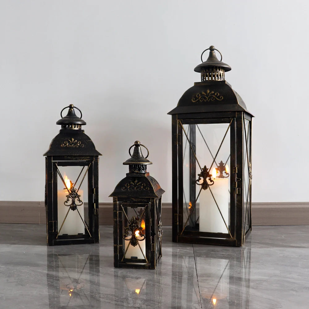 Set of 3- 19'' High Decorative Hanging Lantern Black 13.5'' & 9.5'' with vintage design and warm candlelight.