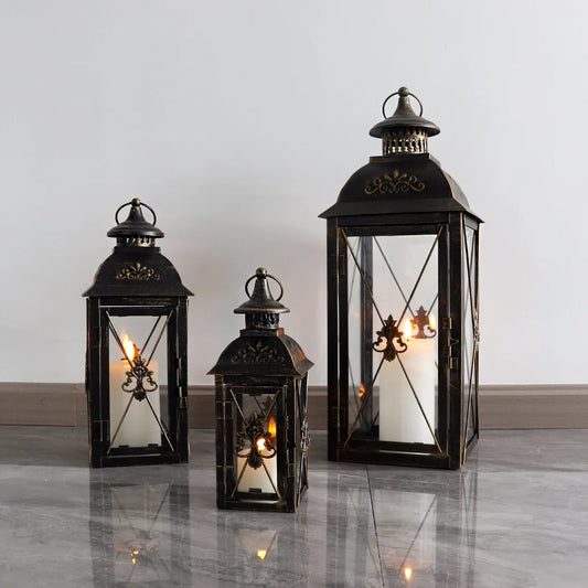 Set of 3- 19'' High Decorative Hanging Lantern Black 13.5'' & 9.5'' with vintage design and warm candlelight.