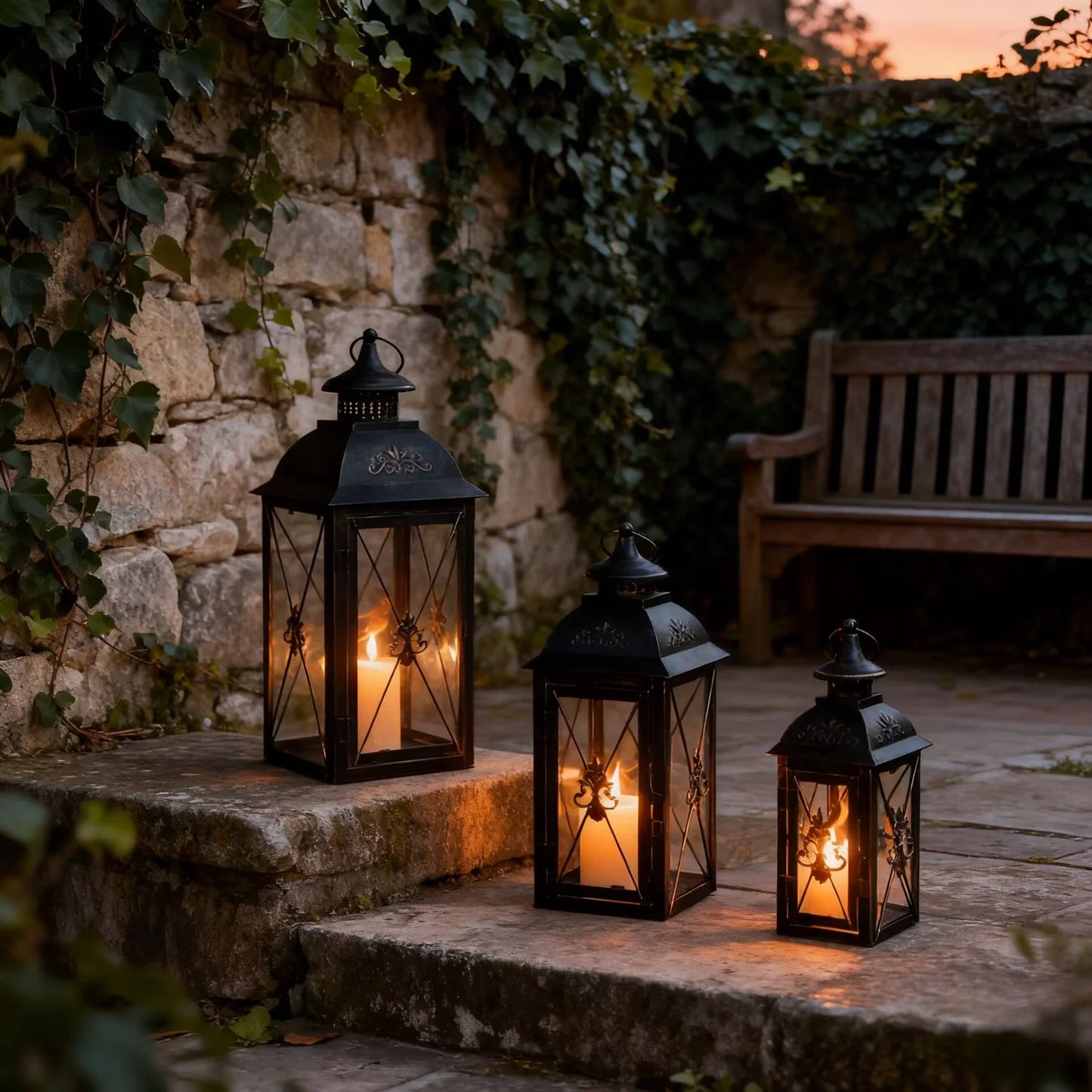 Set of 3- 19'' High Decorative Hanging Lantern Black 13.5'' & 9.5'' illuminating a garden pathway with vintage charm.