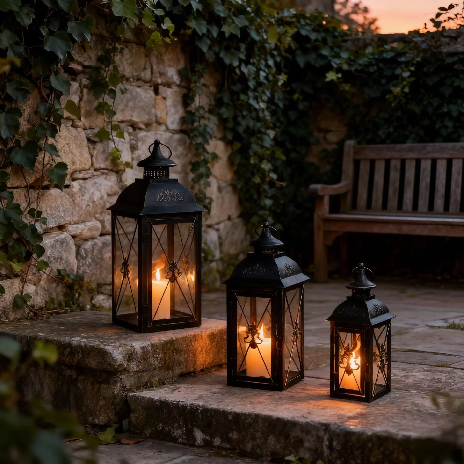 Set of 3- 19'' High Decorative Hanging Lantern Black 13.5'' & 9.5'' illuminating a garden pathway with vintage charm.