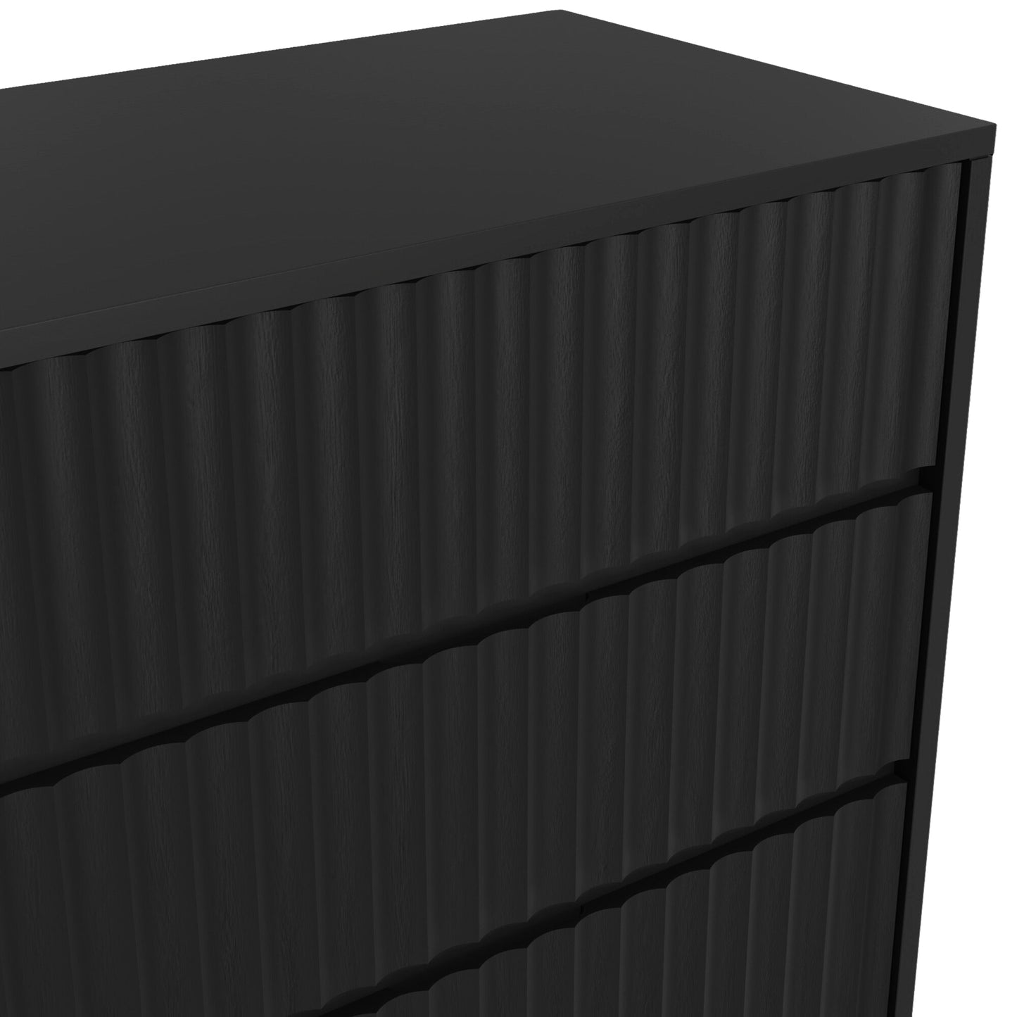 Blanca Chest showcasing detailed scalloped drawer front design in elegant black finish.