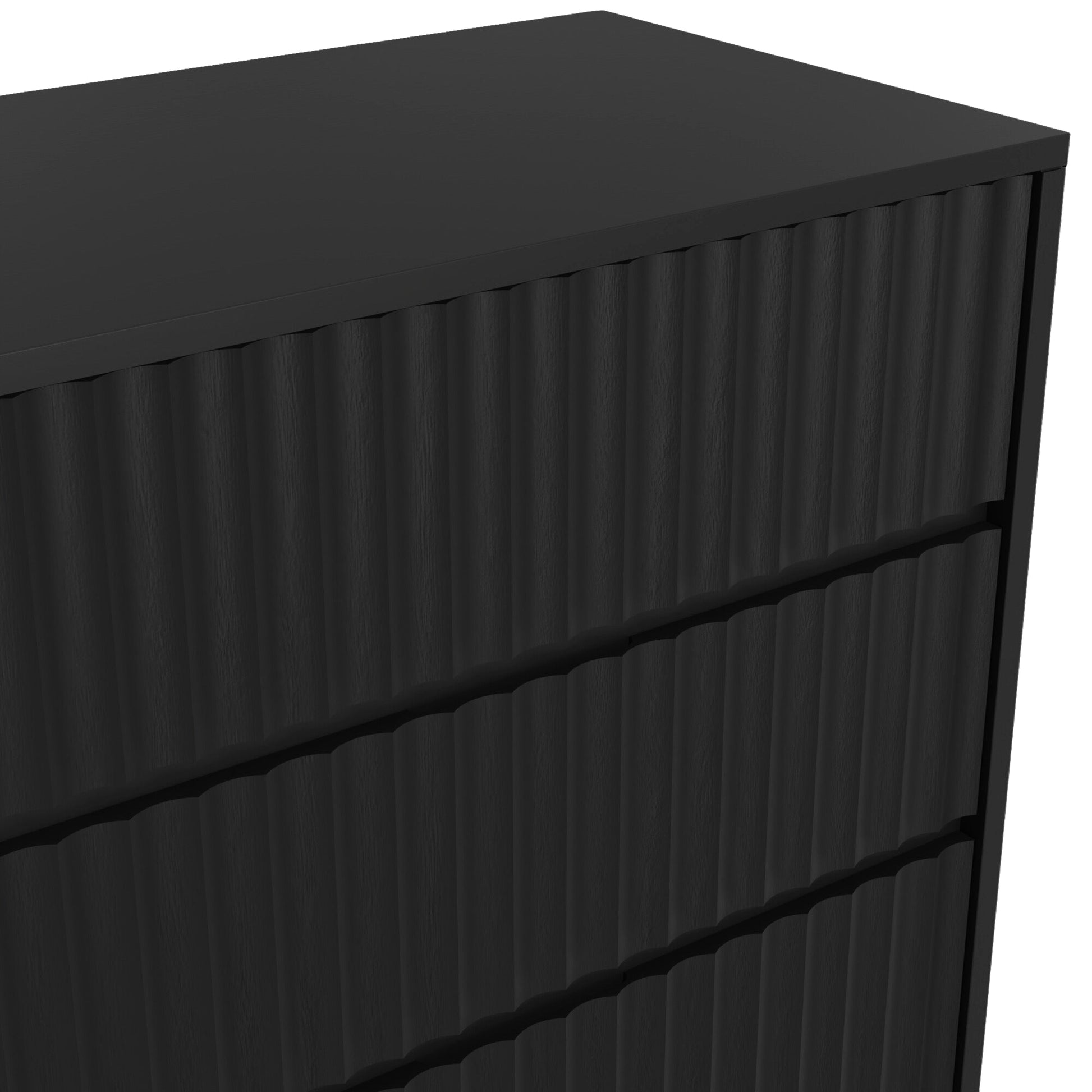 Blanca Chest showcasing detailed scalloped drawer front design in elegant black finish.