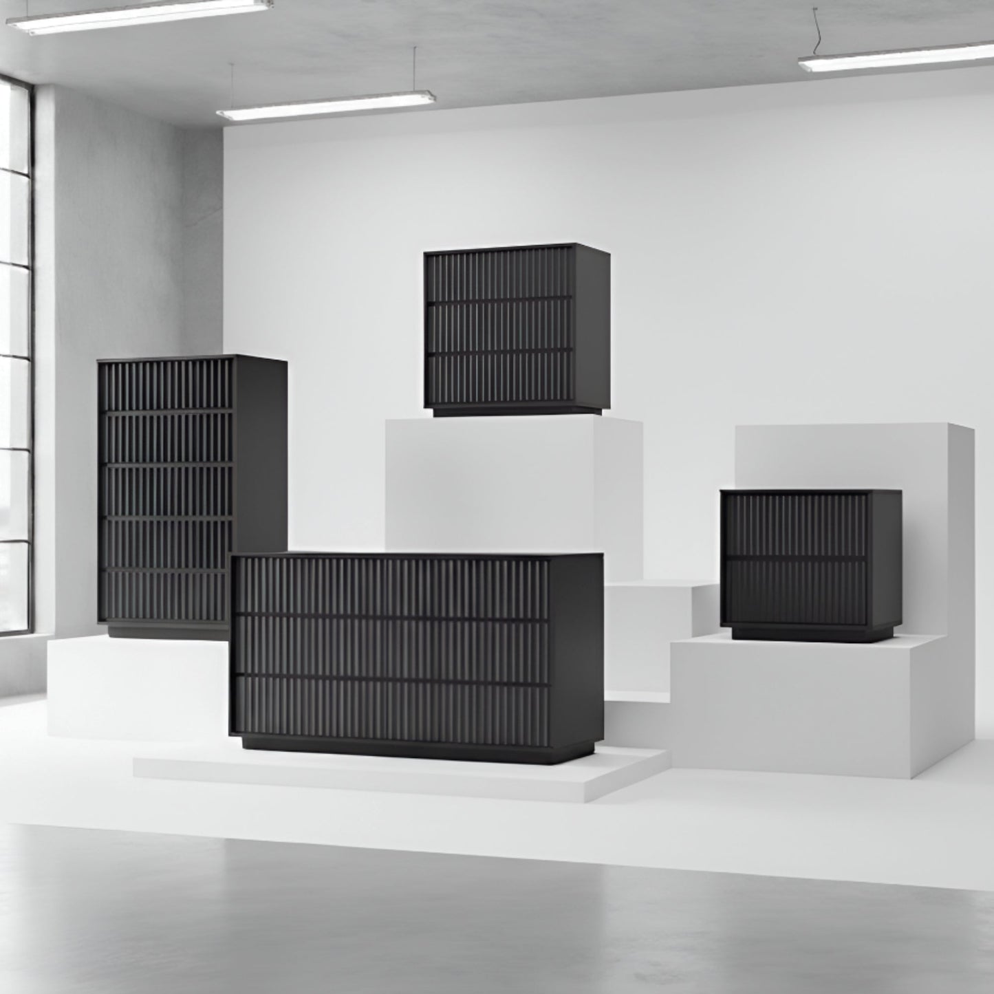 Blanca Chest, Black displayed in a modern interior setting with multiple storage pieces.