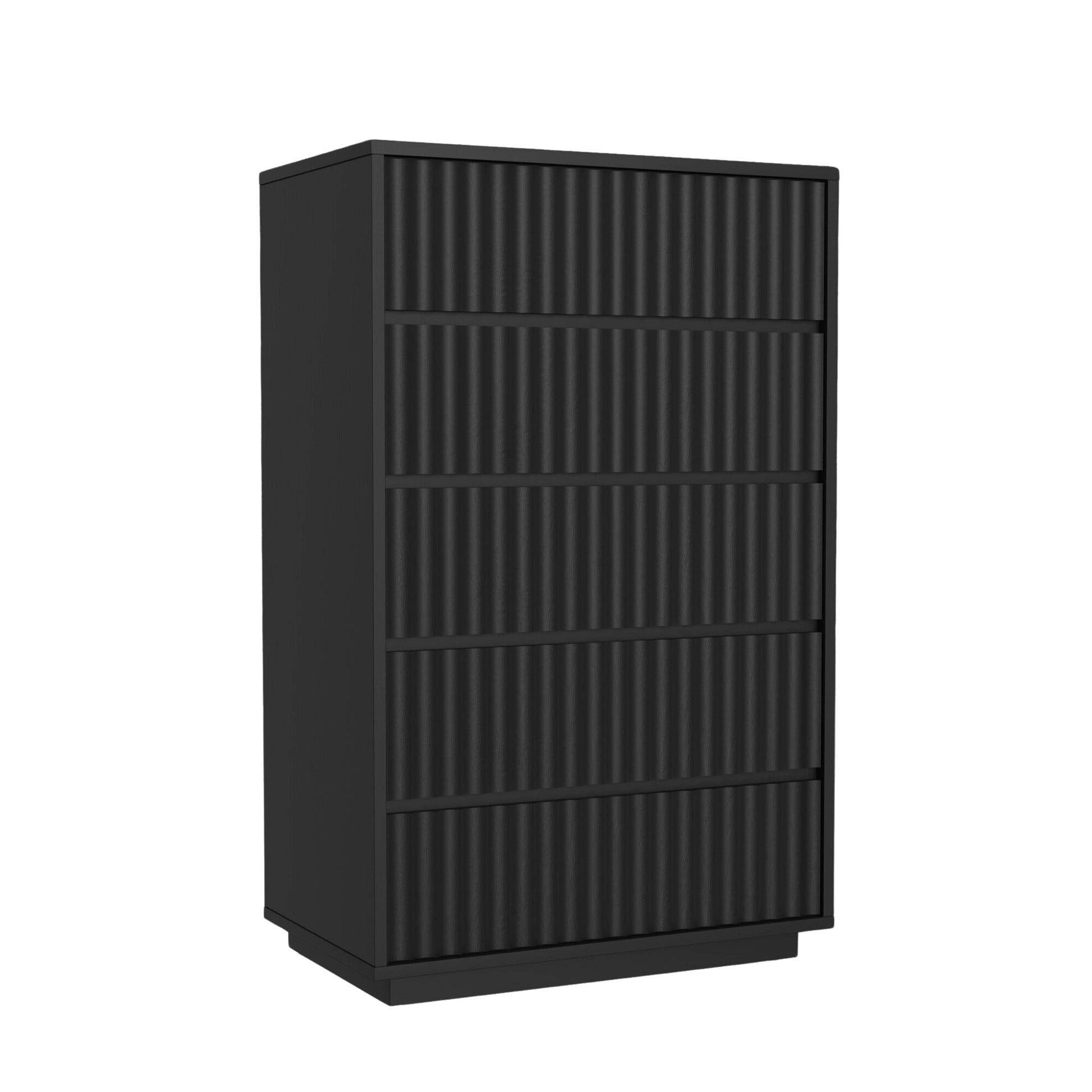Blanca Chest, Black with five drawers and a scalloped drawer front design detail.