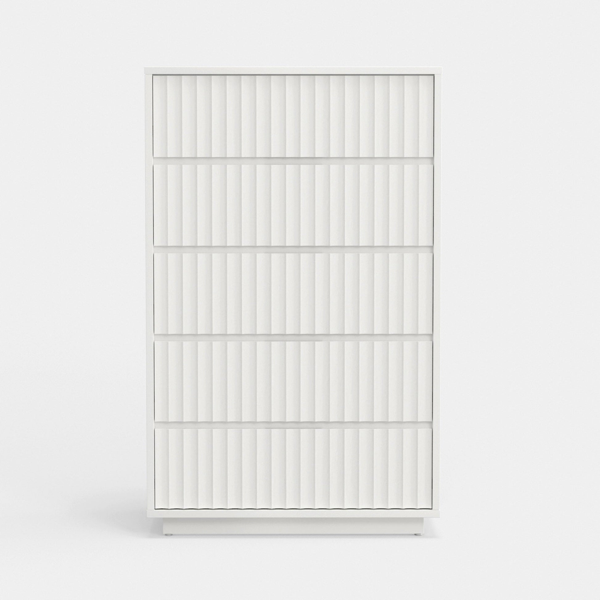Blanca Chest, White, a 5 drawer chest with scalloped design, handcrafted from Mahogany wood.