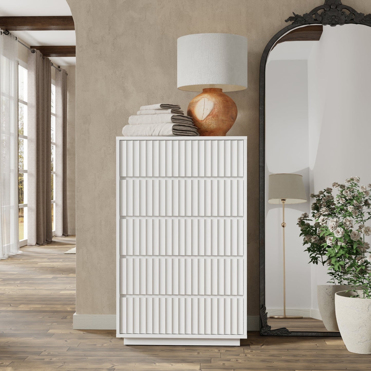 Blanca Chest in white finish featuring scalloped drawer fronts, enhancing room elegance and functionality.