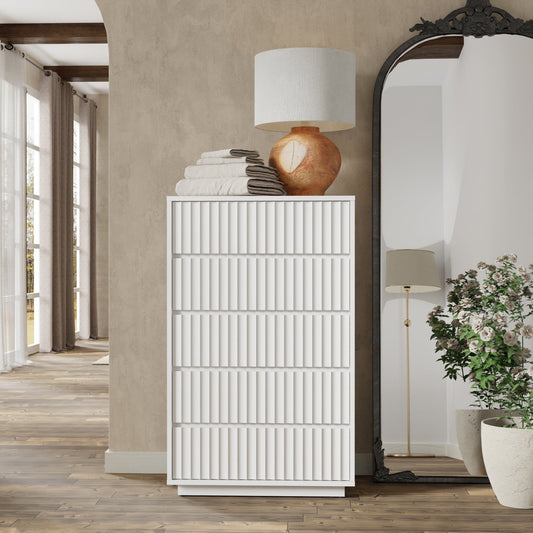 Blanca Chest in white finish featuring scalloped drawer fronts, enhancing room elegance and functionality.