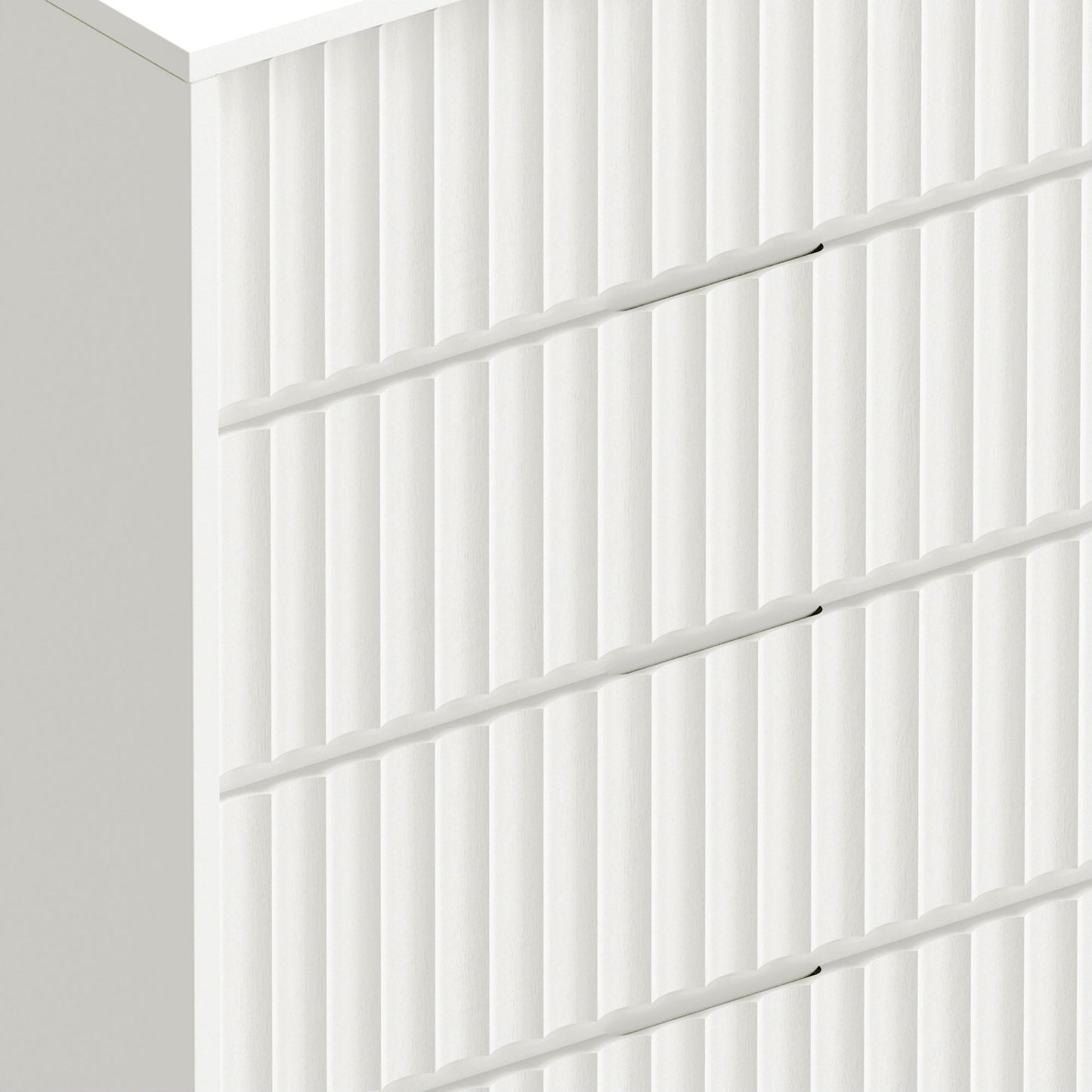 Blanca Chest, a white 5-drawer piece with elegant scalloped design and handcrafted details.