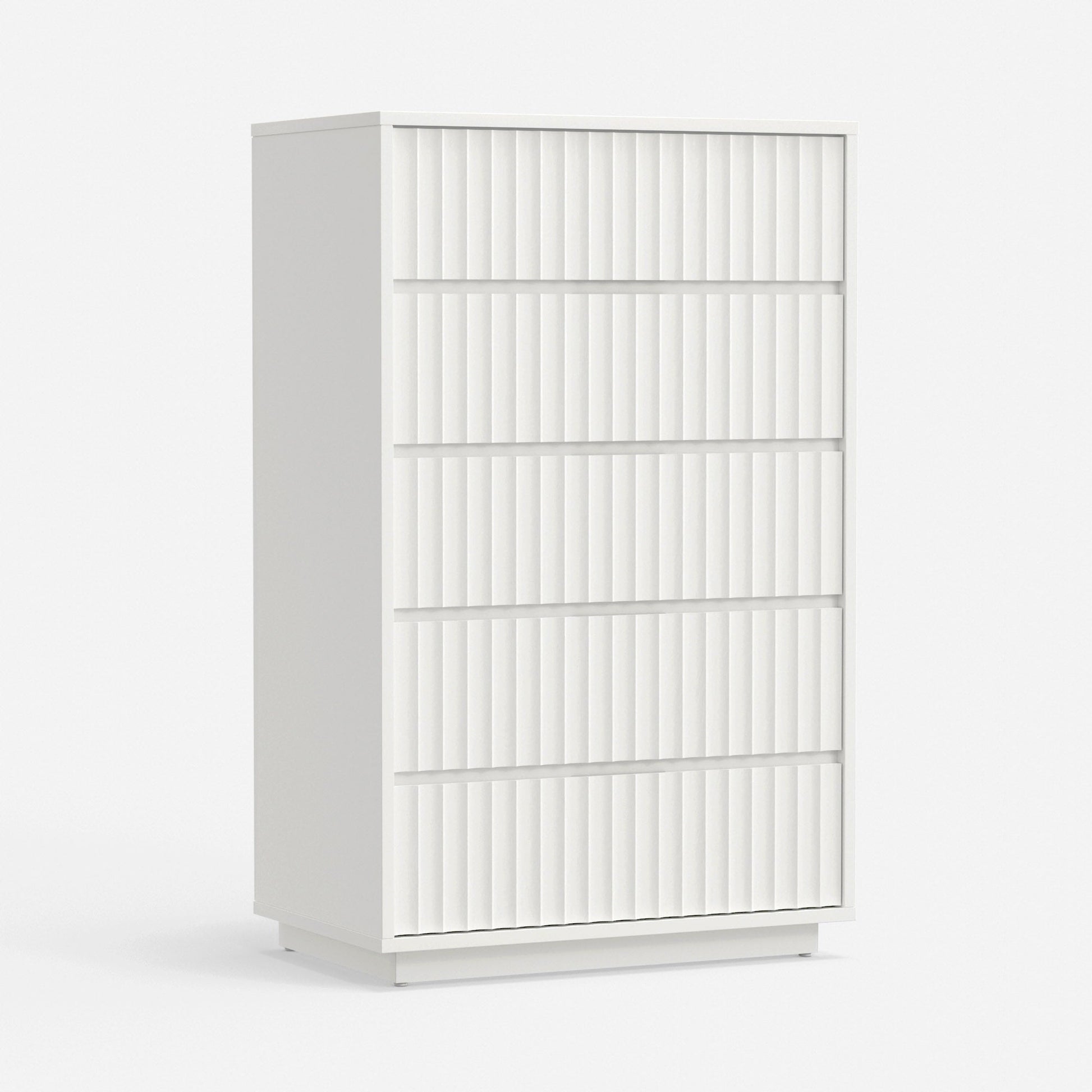 Blanca Chest, White, elegant 5 drawer chest handcrafted from Mahogany with scalloped details.