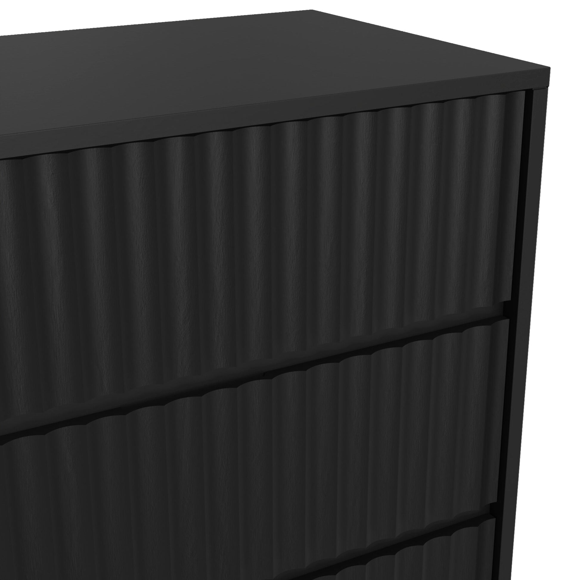Close-up of the top section of the Blanca Dresser, Black with textured ribbed design and sleek finish.