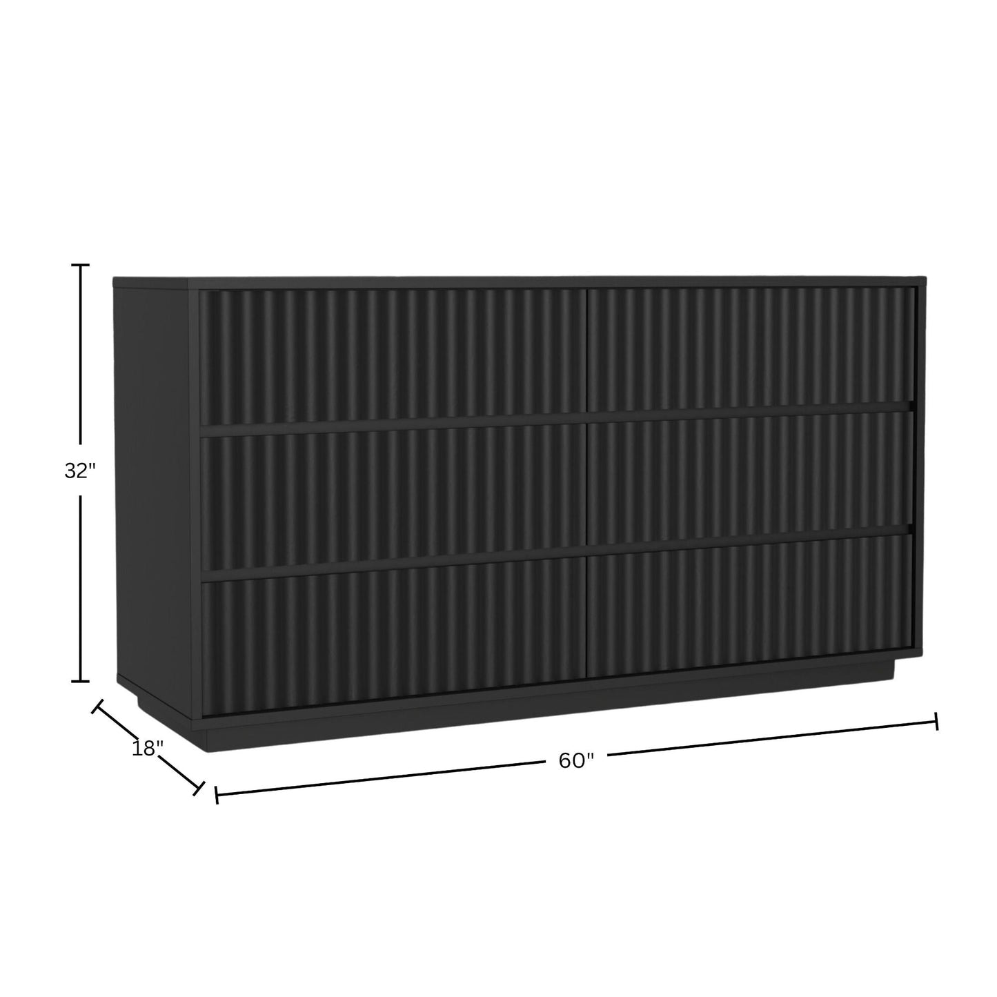 Blanca Dresser, Black with 6 drawers, dimensions 60" x 18" x 32", showcasing scalloped design and handcrafted Mahogany wood.