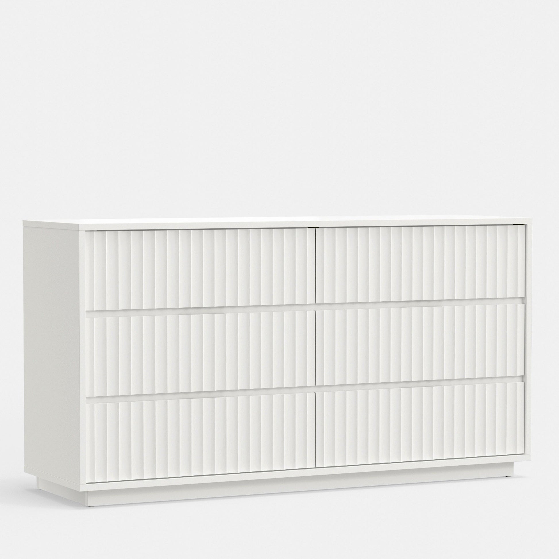 Blanca Dresser in white with six drawers and a modern ribbed design for stylish bedroom organization.