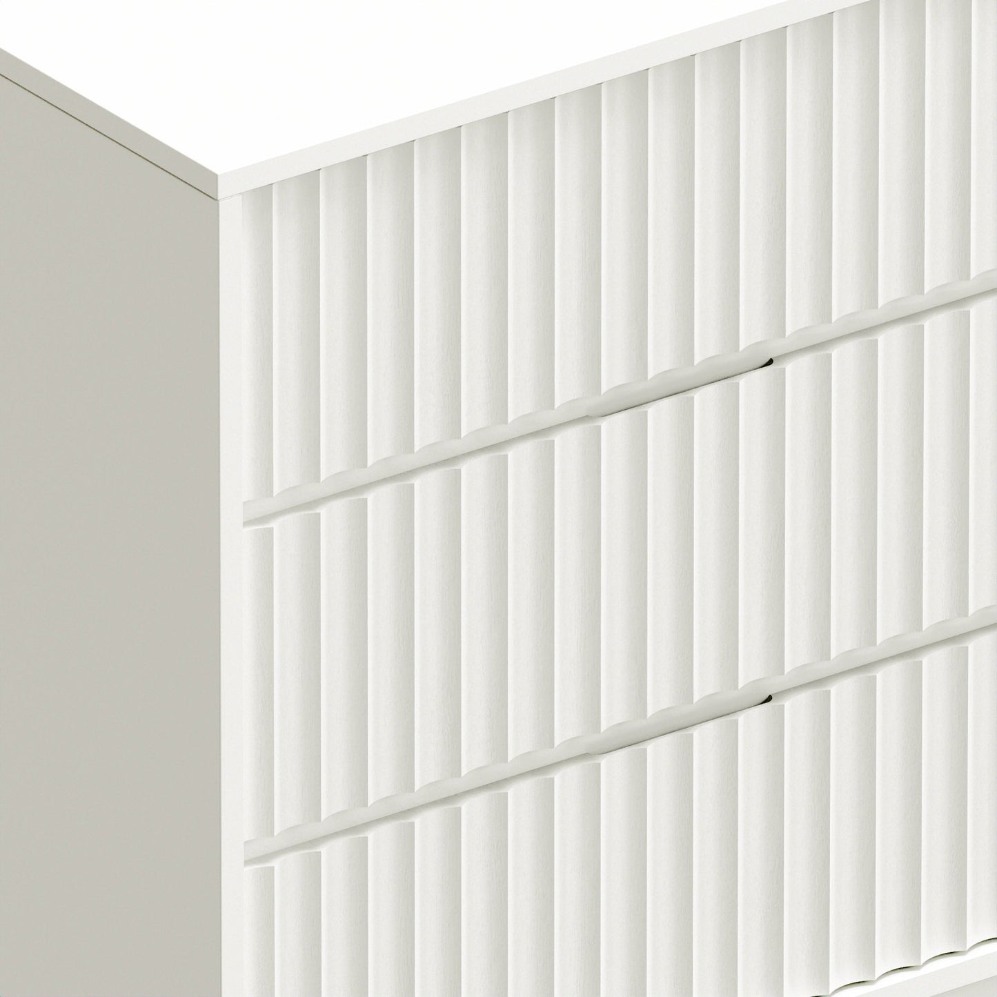 Blanca Dresser close-up view showcasing the elegant scalloped design in white finish.