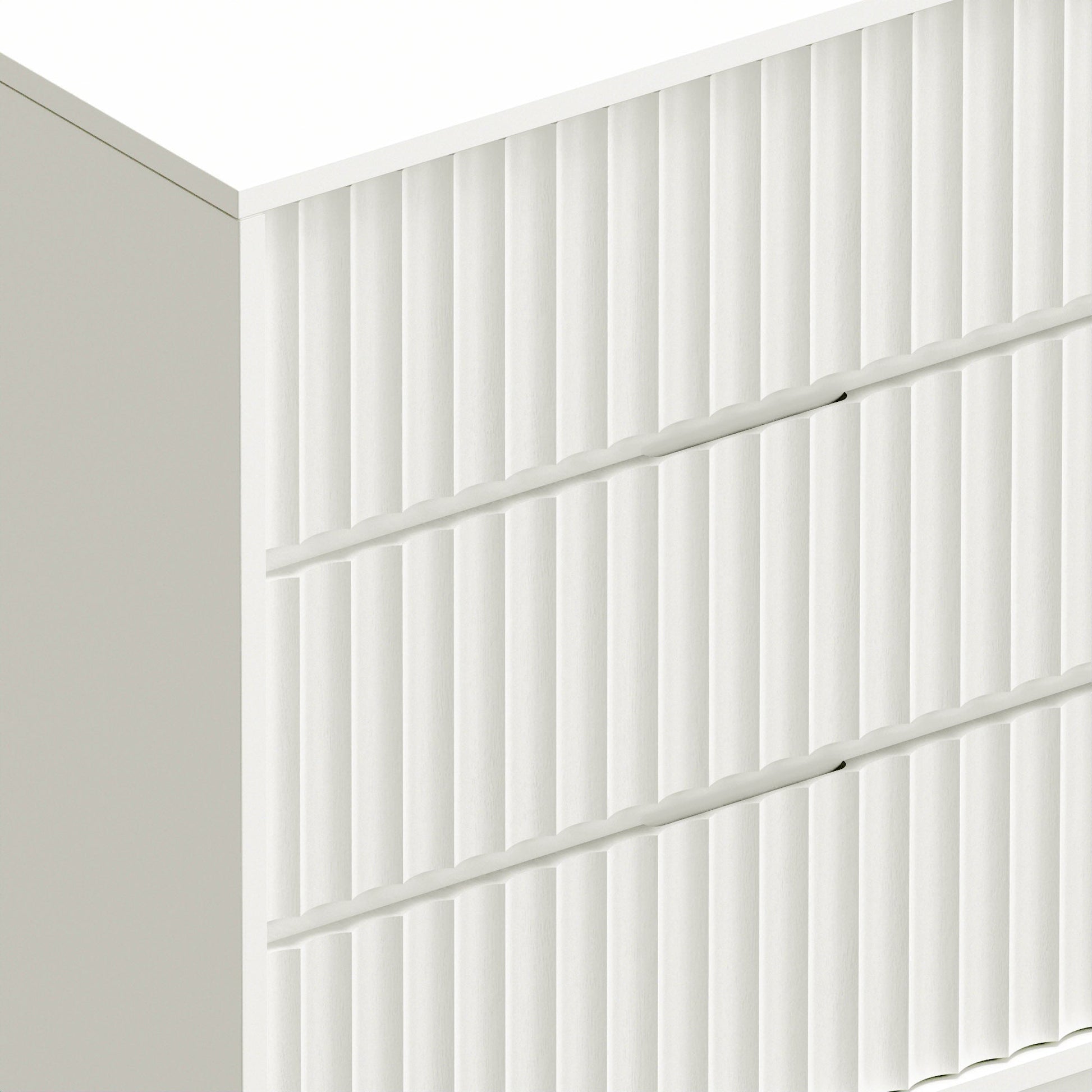 Blanca Dresser close-up view showcasing the elegant scalloped design in white finish.