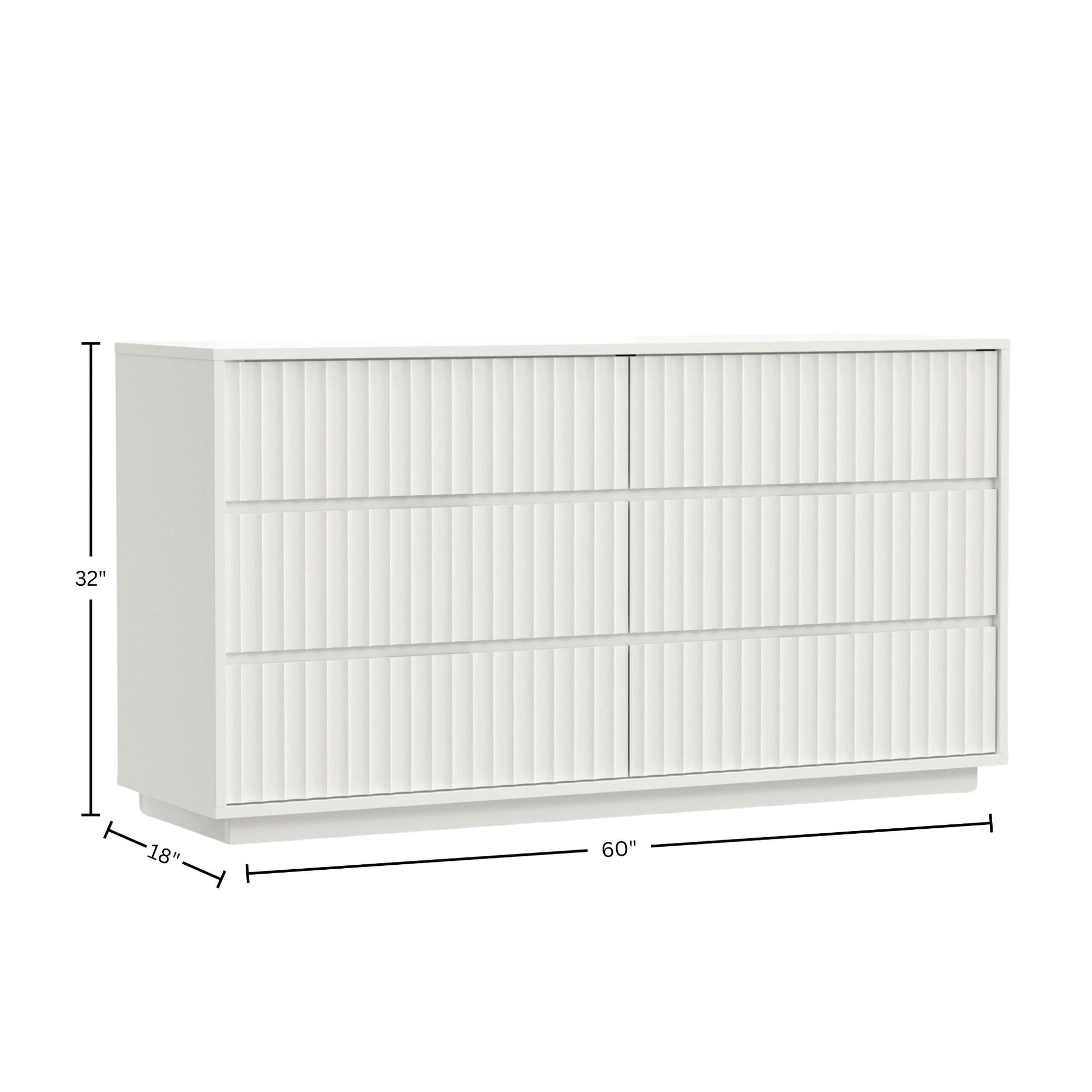 Blanca Dresser in white, featuring six drawers and scalloped design, perfect for elegant bedroom decor.
