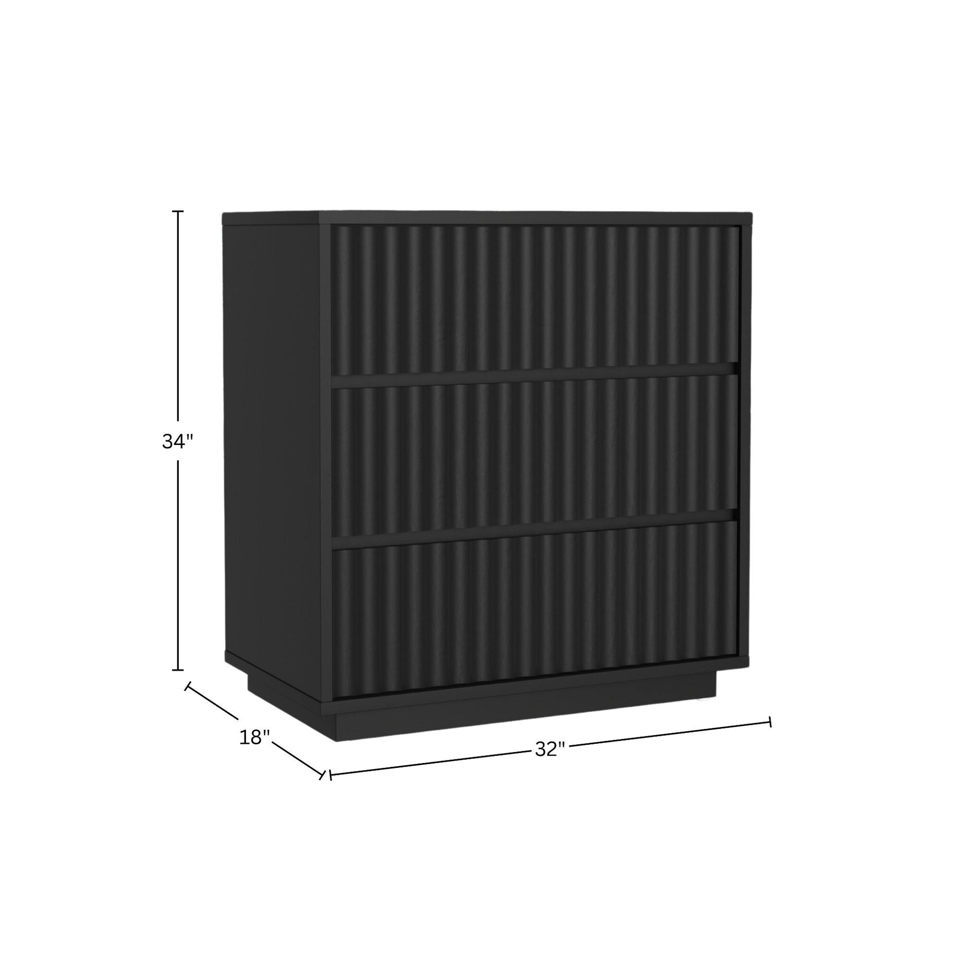 Blanca Small Chest in black with three scalloped drawers, dimensions 34" H, 32" W, 18" D.