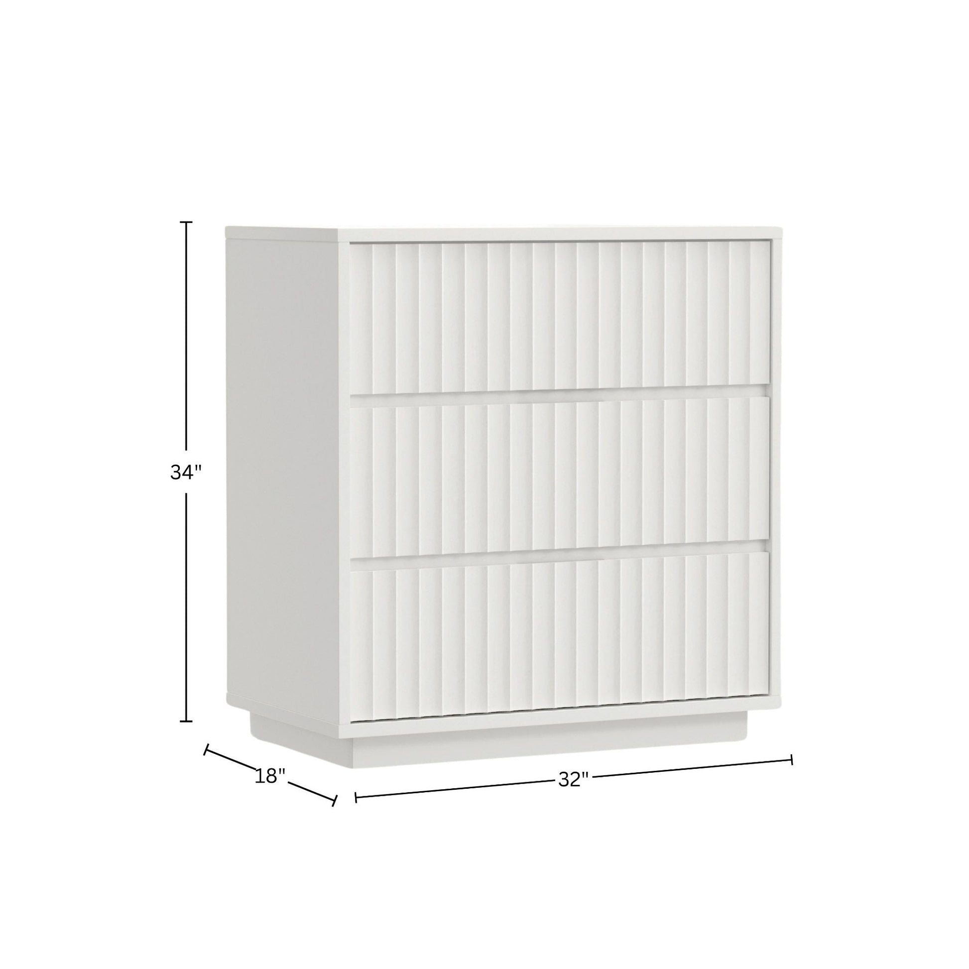 Blanca Small Chest with scalloped drawer fronts, dimensions 34"H x 32"W x 18"D, finished in white.