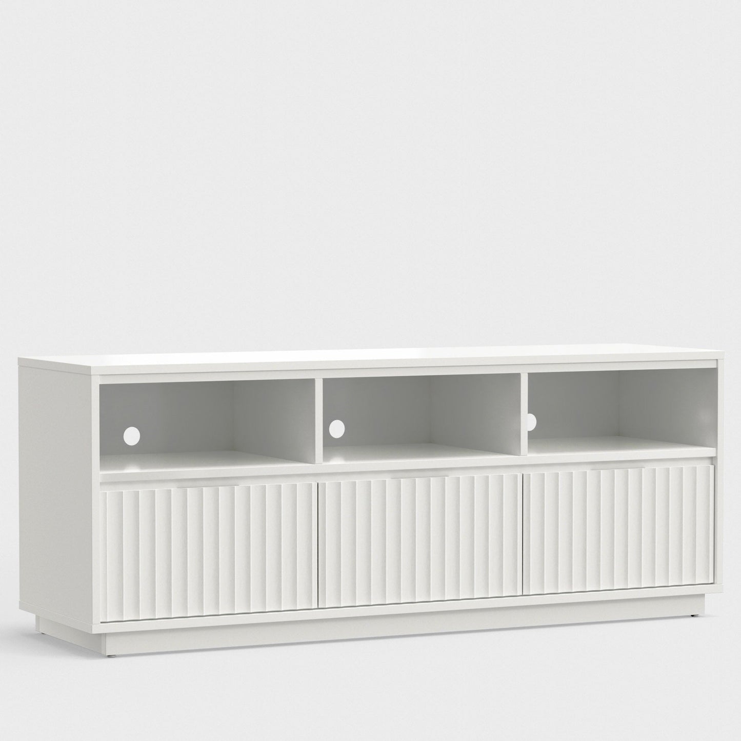 Blanca TV Console, White, handcrafted Mahogany wood furniture with open shelving and storage compartments.