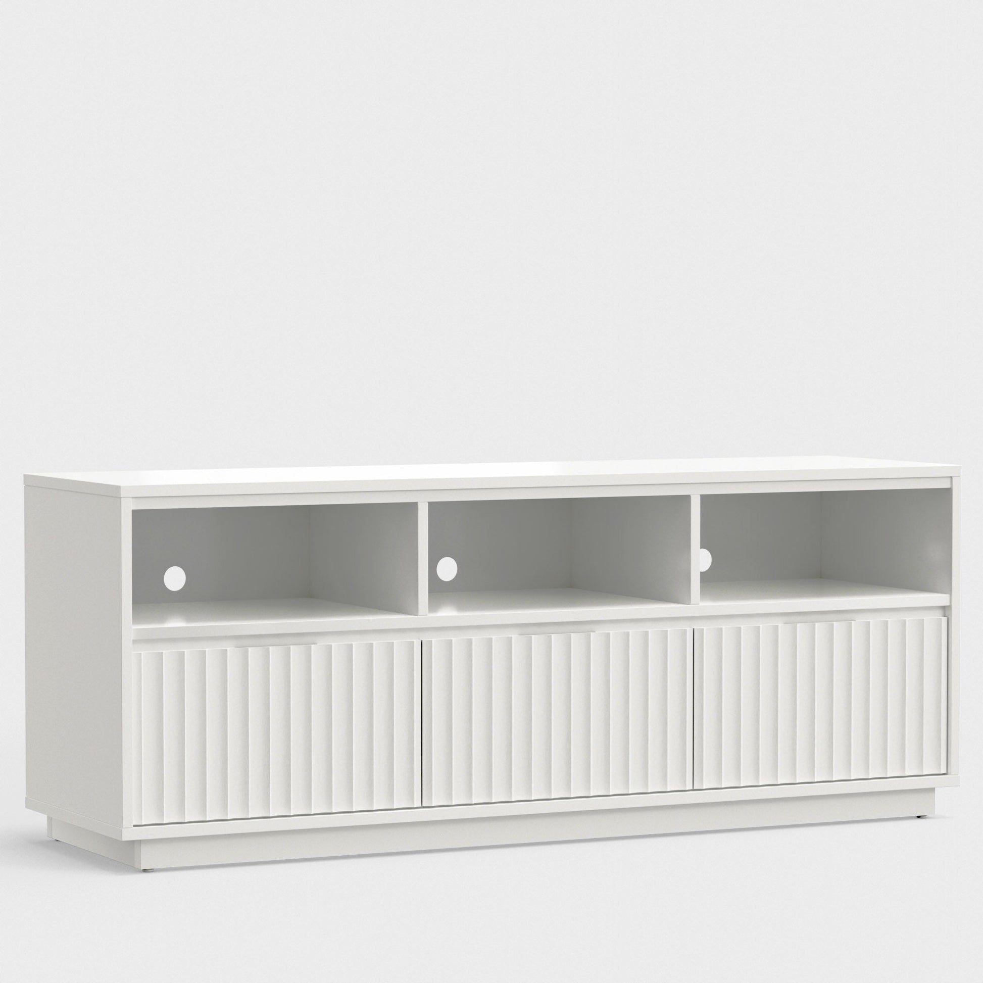 Blanca TV Console, White, handcrafted Mahogany wood furniture with open shelving and storage compartments.