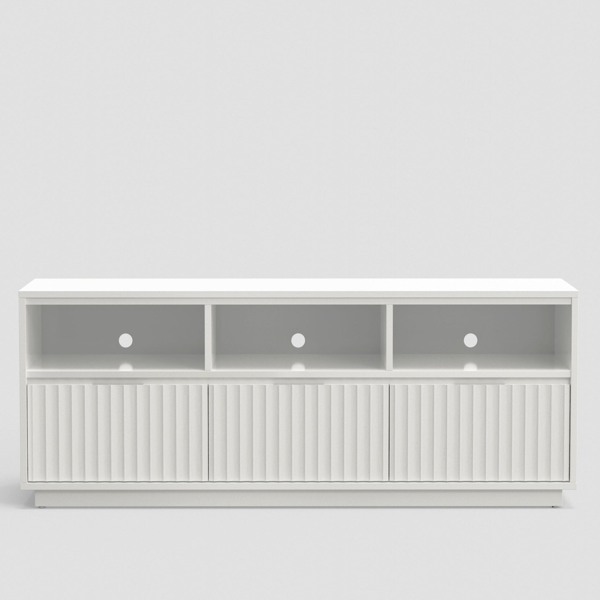 Blanca TV Console, White, handcrafted mahogany wood furniture with three open shelves and ribbed design.