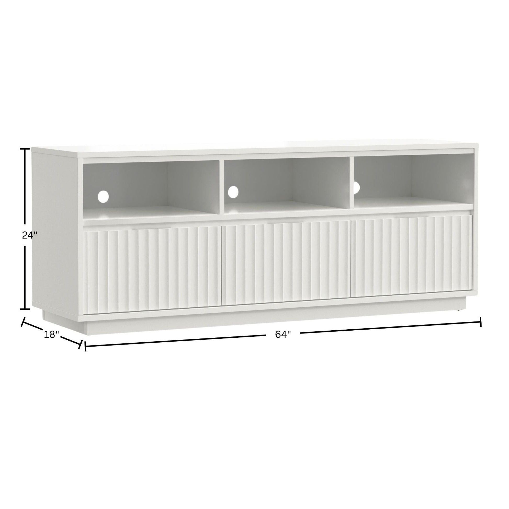 Blanca TV Console, a white handcrafted mahogany TV stand with open shelves and ribbed doors.